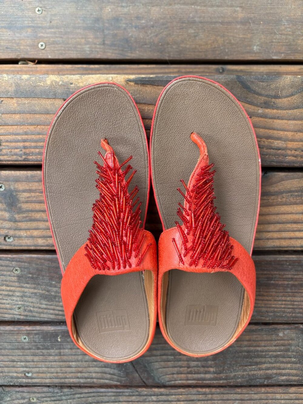 FitFlop Orange Beaded Toe Post Sandals Comfort Ergonomic Fringe Thong size 9